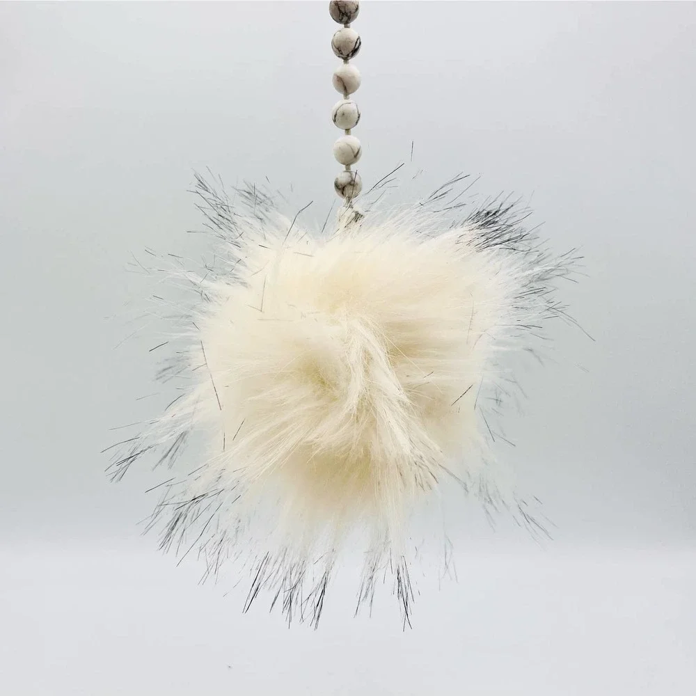 Handmade Faux Fur Pompom Keychain Bag Charm Howlite Beads White Gray Silver